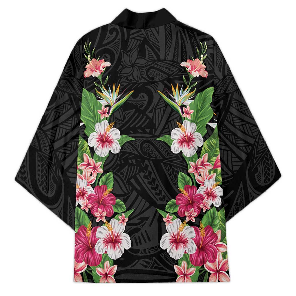 Hawaii Tropical Flowers Kimono Black Polynesian Tattoo Art LT05 - Polynesian Pride