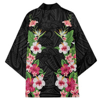 Hawaii Tropical Flowers Kimono Black Polynesian Tattoo Art LT05 - Polynesian Pride