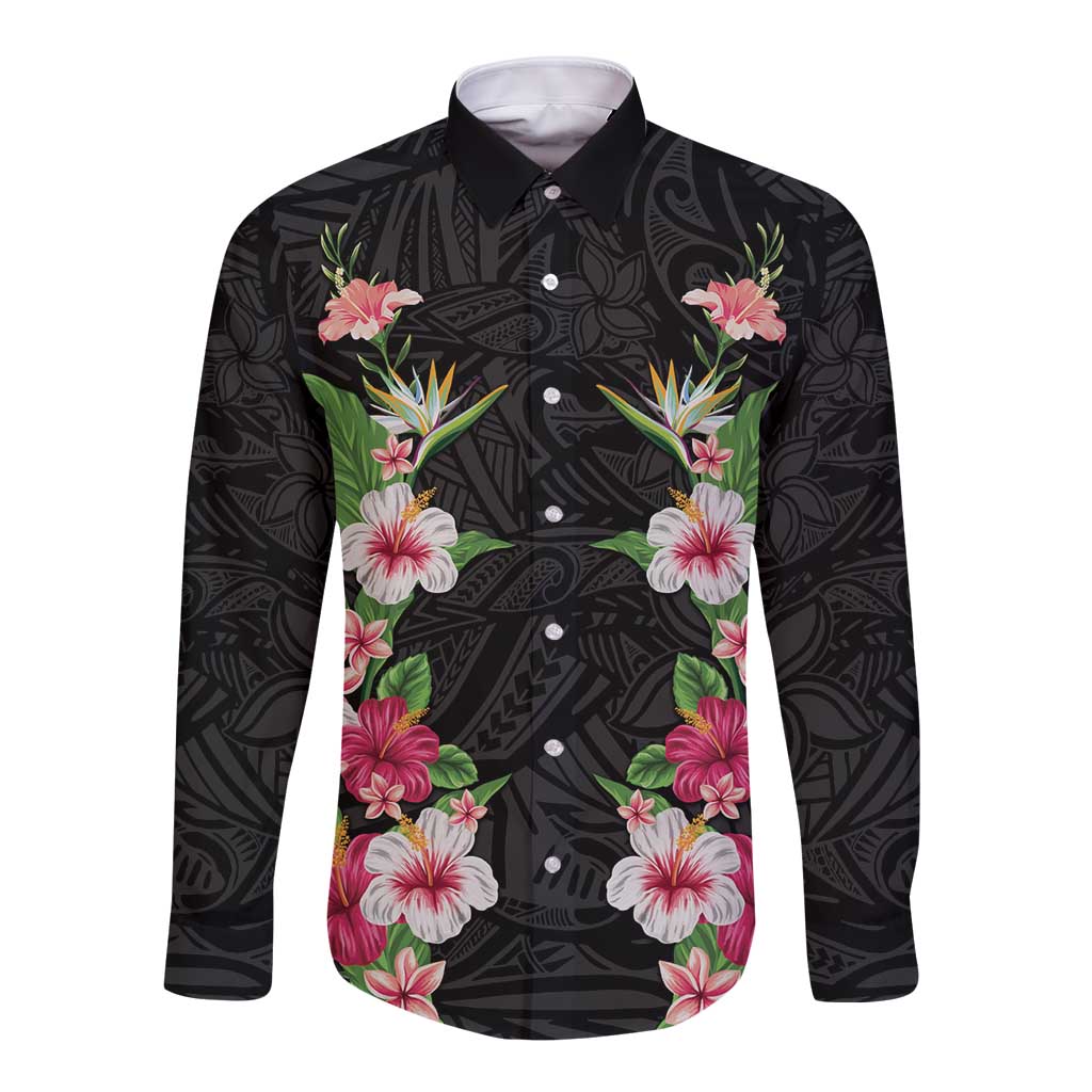 Hawaii Tropical Flowers Long Sleeve Button Shirt Black Polynesian Tattoo Art LT05 Unisex Black - Polynesian Pride