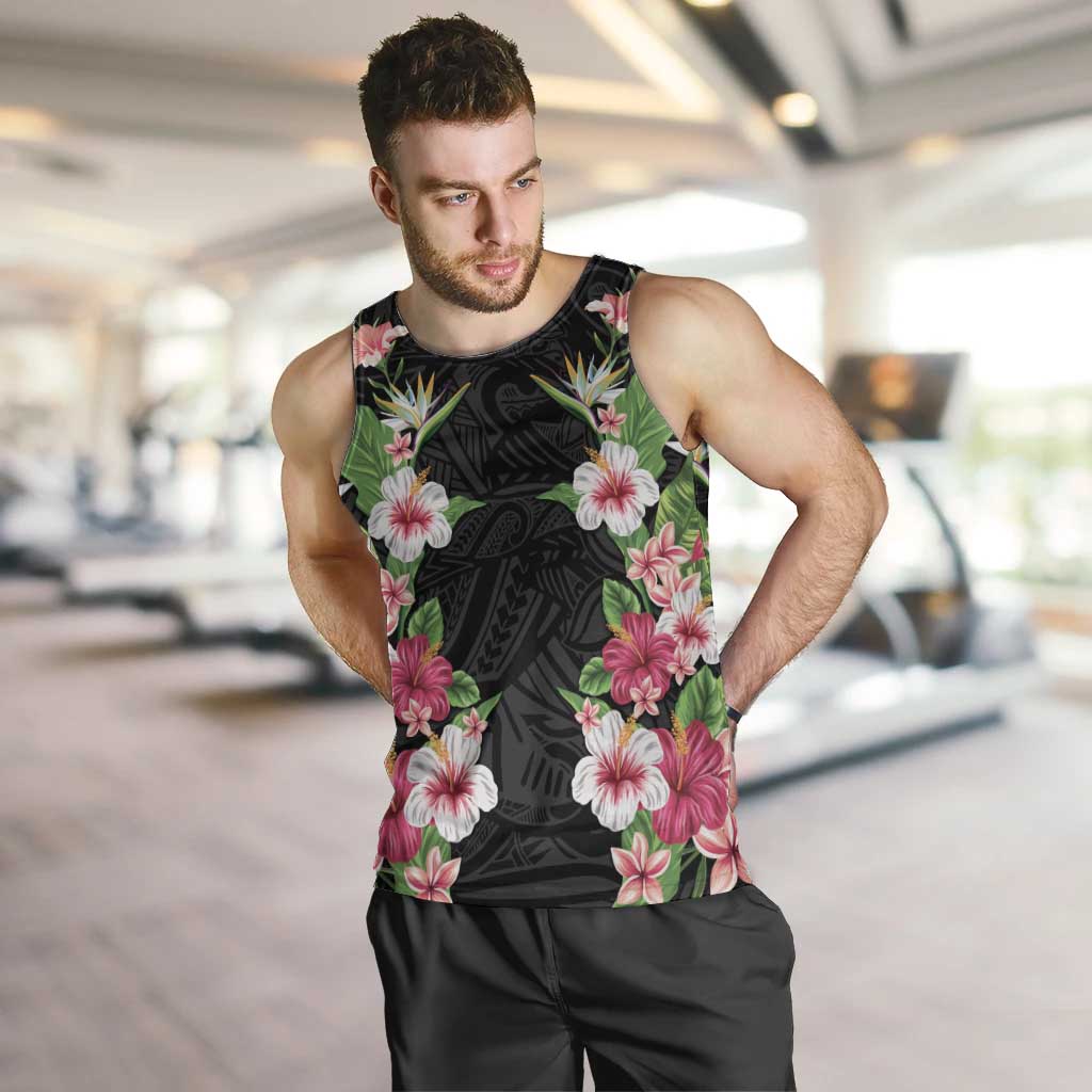 Hawaii Tropical Flowers Men Tank Top Black Polynesian Tattoo Art LT05 Black - Polynesian Pride