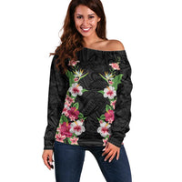 Hawaii Tropical Flowers Off Shoulder Sweater Black Polynesian Tattoo Art LT05 Women Black - Polynesian Pride
