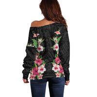 Hawaii Tropical Flowers Off Shoulder Sweater Black Polynesian Tattoo Art LT05 - Polynesian Pride