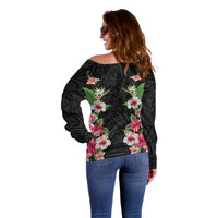 Hawaii Tropical Flowers Off Shoulder Sweater Black Polynesian Tattoo Art LT05 - Polynesian Pride