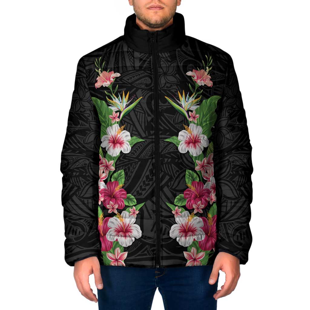 Hawaii Tropical Flowers Padded Jacket Black Polynesian Tattoo Art LT05 Men Black - Polynesian Pride