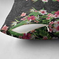 Hawaii Tropical Flowers Pillow Cover Black Polynesian Tattoo Art LT05 - Polynesian Pride