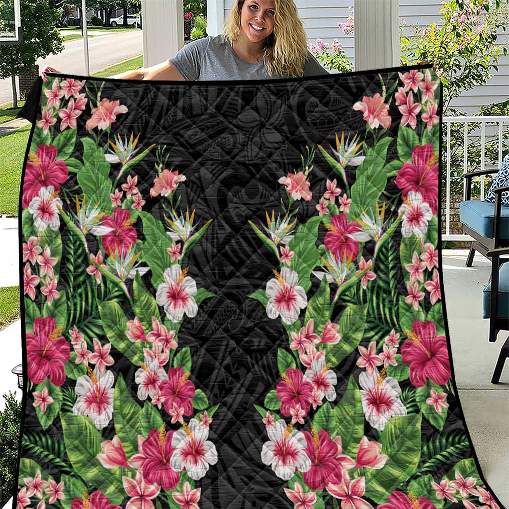 Hawaii Tropical Flowers Quilt Black Polynesian Tattoo Art LT05 Black - Polynesian Pride