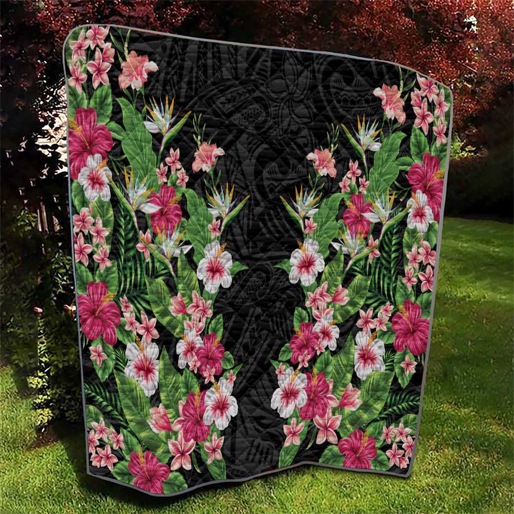 Hawaii Tropical Flowers Quilt Black Polynesian Tattoo Art LT05 - Polynesian Pride