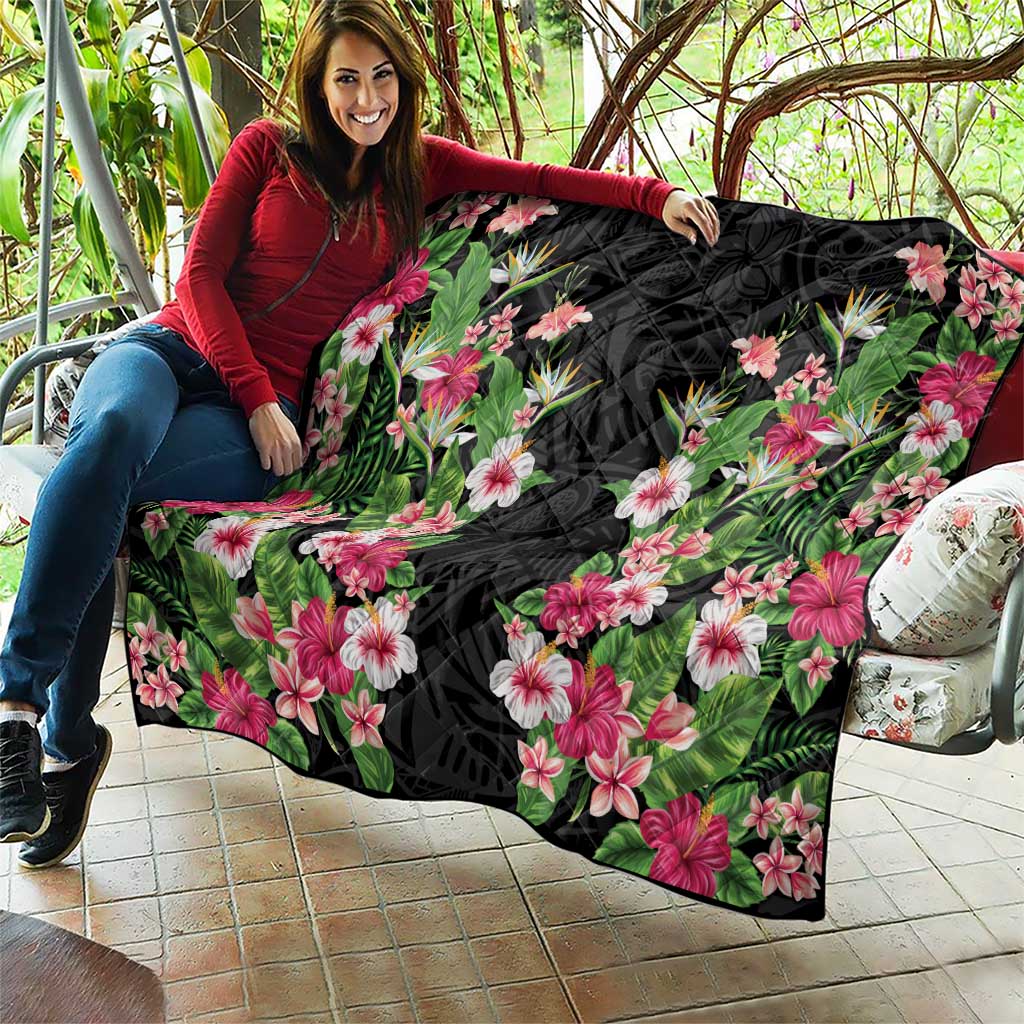 Hawaii Tropical Flowers Quilt Black Polynesian Tattoo Art LT05 - Polynesian Pride