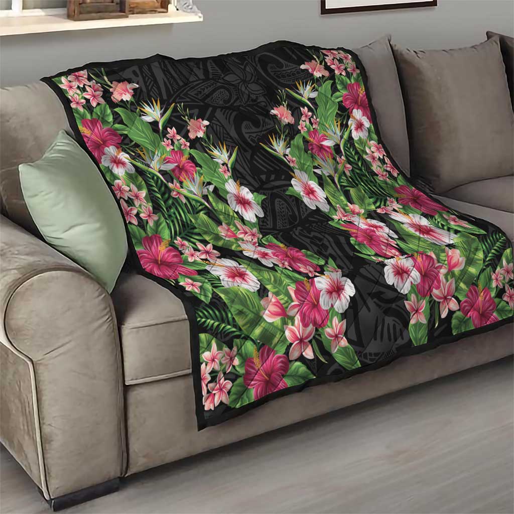 Hawaii Tropical Flowers Quilt Black Polynesian Tattoo Art LT05 - Polynesian Pride