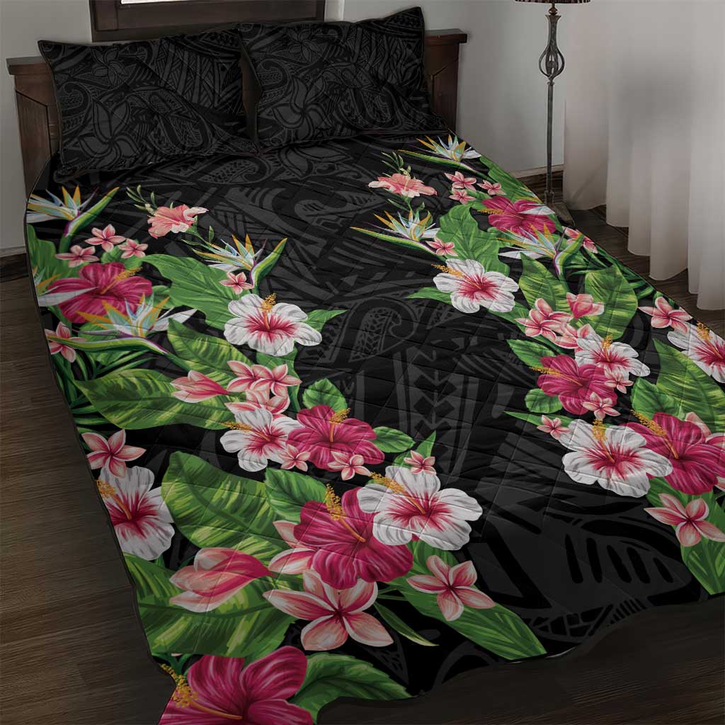 Hawaii Tropical Flowers Quilt Bed Set Black Polynesian Tattoo Art LT05 Black - Polynesian Pride