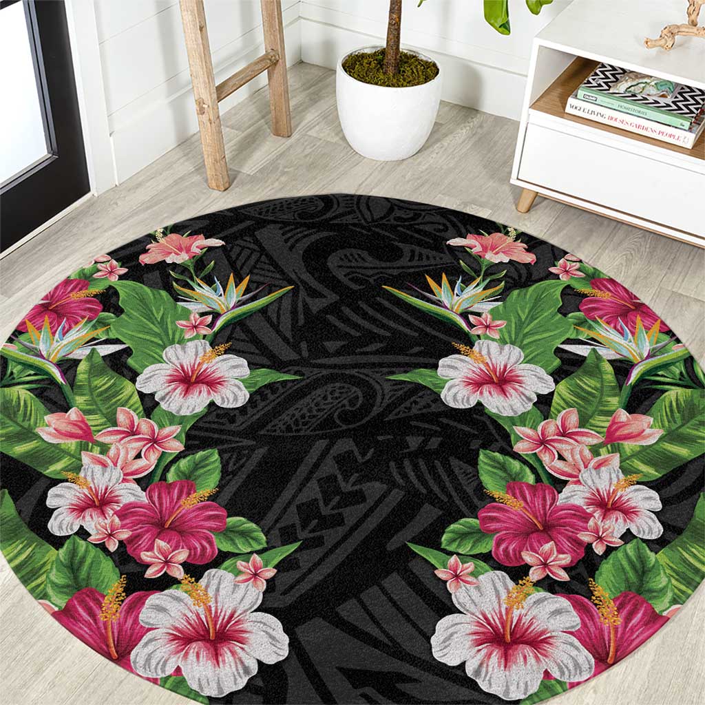 Hawaii Tropical Flowers Round Carpet Black Polynesian Tattoo Art LT05 Black - Polynesian Pride