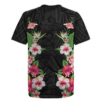 Hawaii Tropical Flowers Rugby Jersey Black Polynesian Tattoo Art LT05 - Polynesian Pride