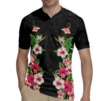 Hawaii Tropical Flowers Rugby Jersey Black Polynesian Tattoo Art LT05 - Polynesian Pride