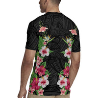 Hawaii Tropical Flowers Rugby Jersey Black Polynesian Tattoo Art LT05 - Polynesian Pride