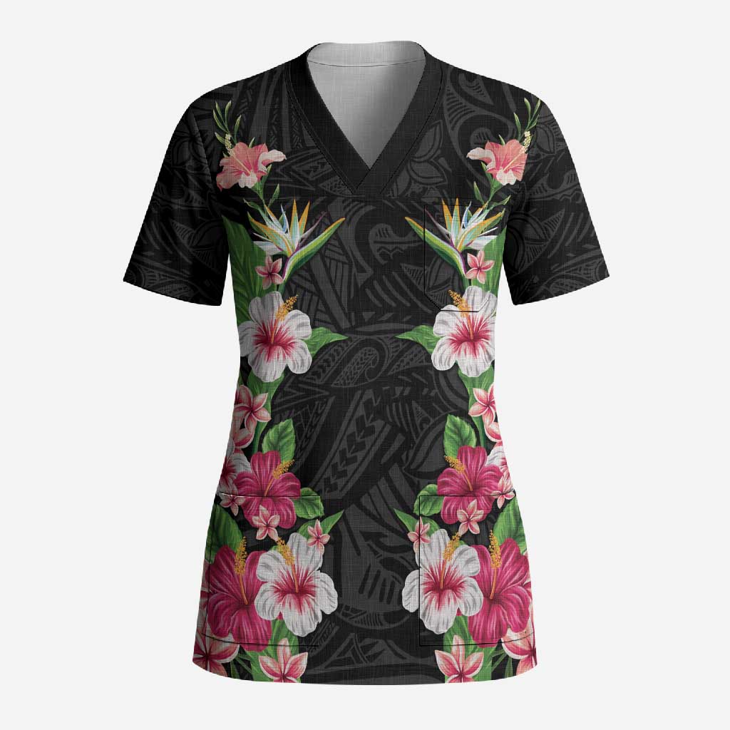 Hawaii Tropical Flowers Scrub Top Black Polynesian Tattoo Art LT05 Adult Black - Polynesian Pride