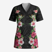 Hawaii Tropical Flowers Scrub Top Black Polynesian Tattoo Art LT05 Adult Black - Polynesian Pride