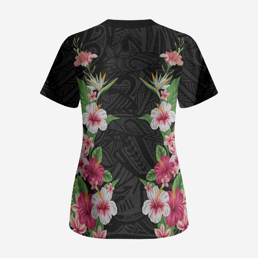 Hawaii Tropical Flowers Scrub Top Black Polynesian Tattoo Art LT05 - Polynesian Pride