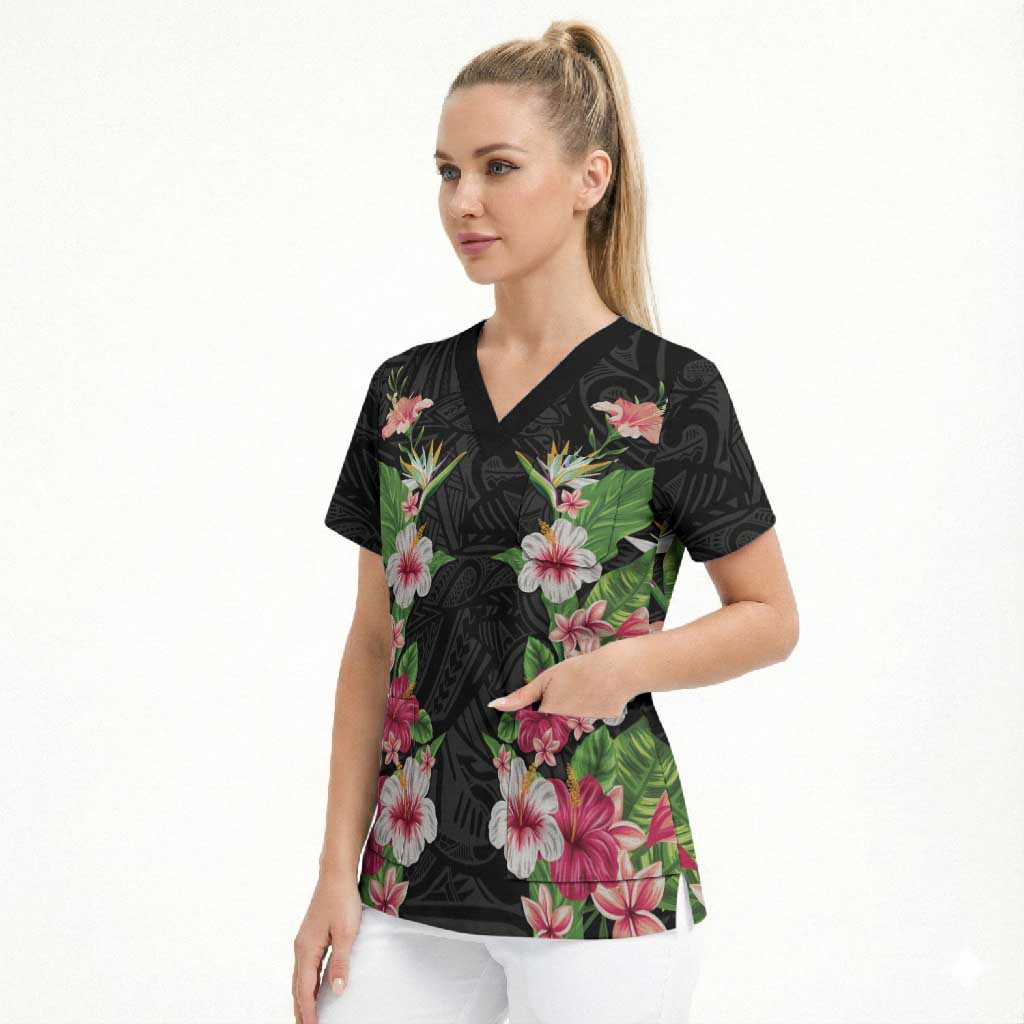 Hawaii Tropical Flowers Scrub Top Black Polynesian Tattoo Art LT05 - Polynesian Pride
