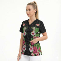 Hawaii Tropical Flowers Scrub Top Black Polynesian Tattoo Art LT05 - Polynesian Pride
