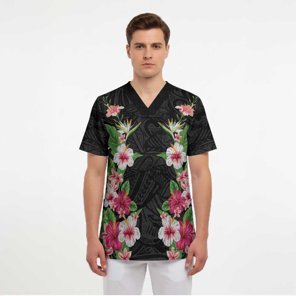 Hawaii Tropical Flowers Scrub Top Black Polynesian Tattoo Art LT05 - Polynesian Pride