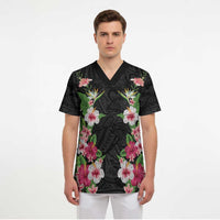 Hawaii Tropical Flowers Scrub Top Black Polynesian Tattoo Art LT05 - Polynesian Pride