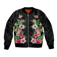 Hawaii Tropical Flowers Sleeve Zip Bomber Jacket Black Polynesian Tattoo Art LT05 Unisex Black - Polynesian Pride