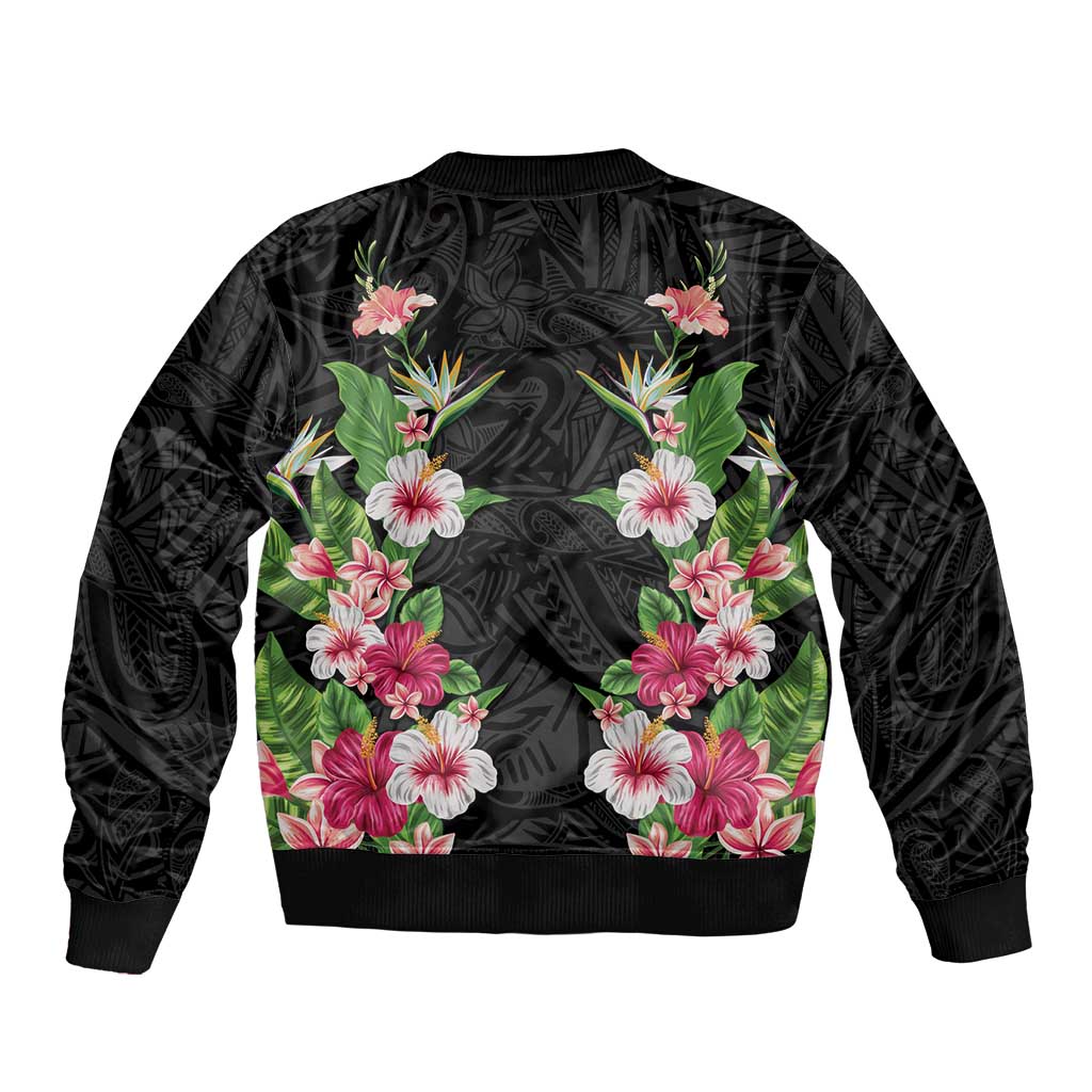 Hawaii Tropical Flowers Sleeve Zip Bomber Jacket Black Polynesian Tattoo Art LT05 - Polynesian Pride