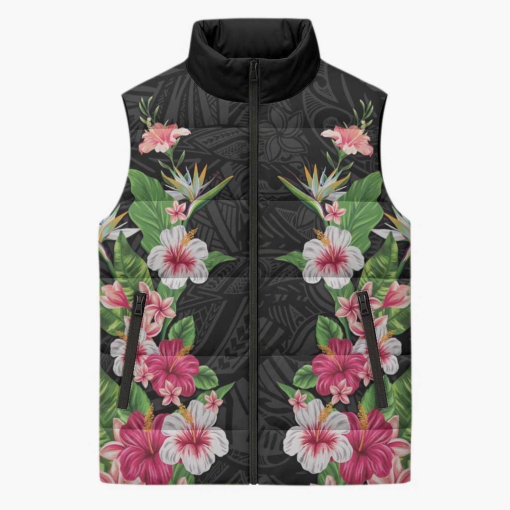 Hawaii Tropical Flowers Sleeveless Puffer Jacket Black Polynesian Tattoo Art LT05 Unisex Black - Polynesian Pride