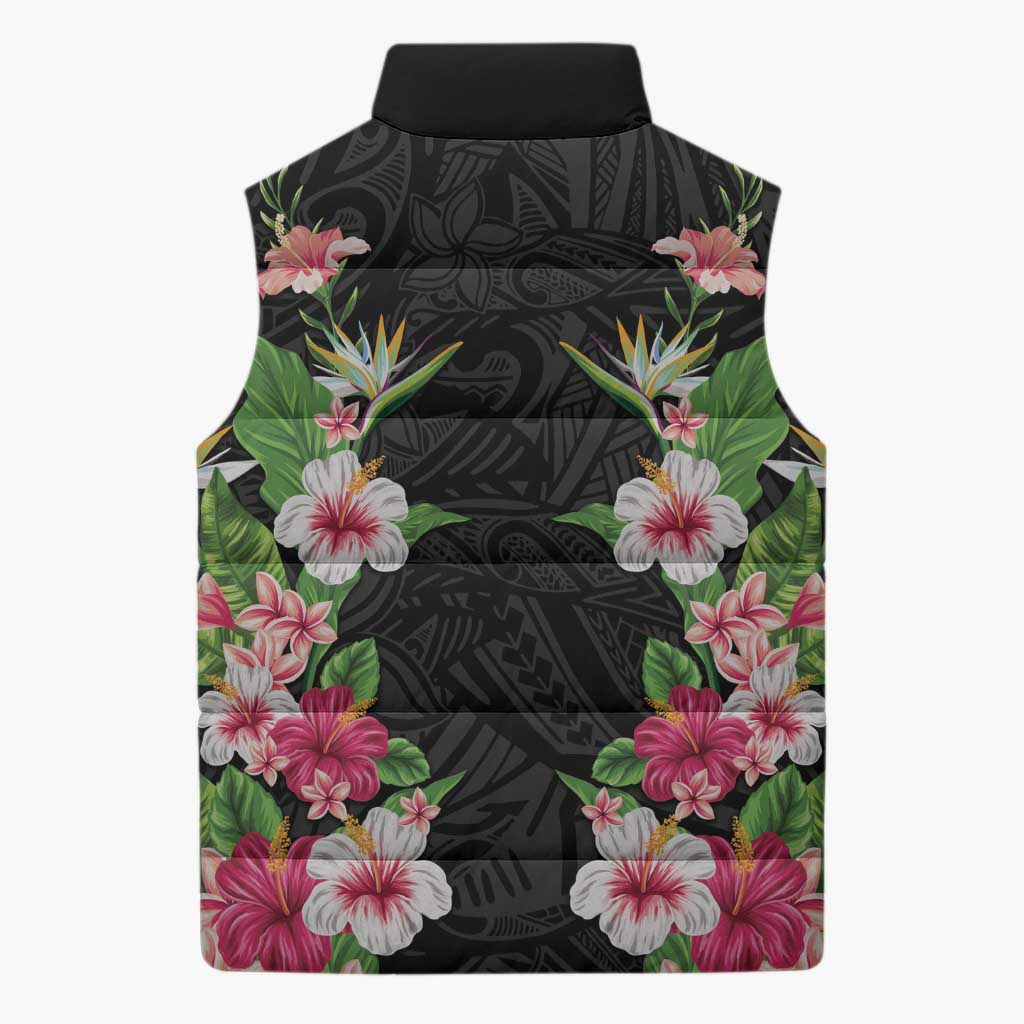 Hawaii Tropical Flowers Sleeveless Puffer Jacket Black Polynesian Tattoo Art LT05 - Polynesian Pride