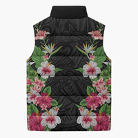 Hawaii Tropical Flowers Sleeveless Puffer Jacket Black Polynesian Tattoo Art LT05 - Polynesian Pride