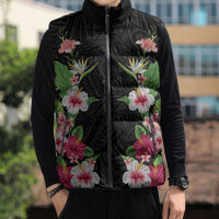 Hawaii Tropical Flowers Sleeveless Puffer Jacket Black Polynesian Tattoo Art LT05 - Polynesian Pride