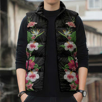 Hawaii Tropical Flowers Sleeveless Puffer Jacket Black Polynesian Tattoo Art LT05 - Polynesian Pride