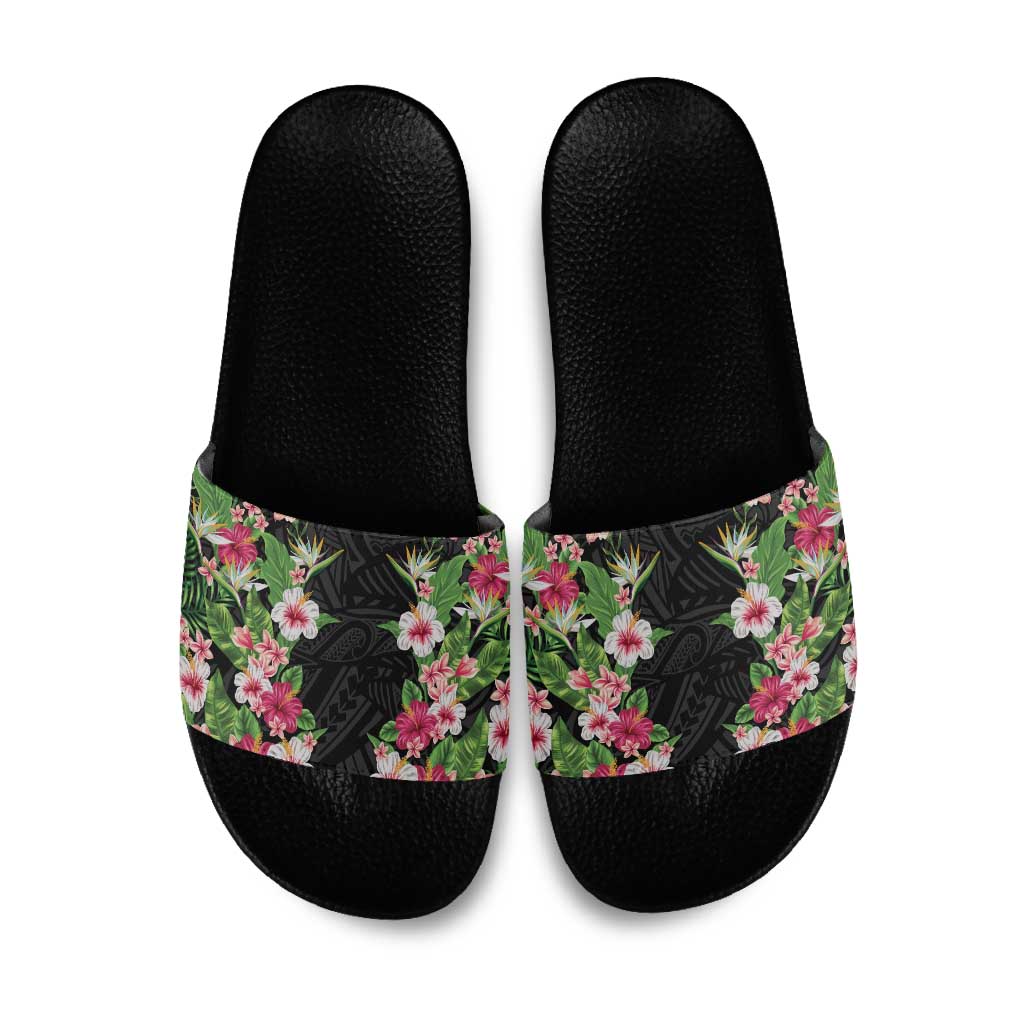 Hawaii Tropical Flowers Slide Sandals Black Polynesian Tattoo Art LT05 Black - Polynesian Pride