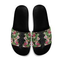 Hawaii Tropical Flowers Slide Sandals Black Polynesian Tattoo Art LT05 Black - Polynesian Pride