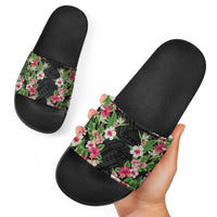 Hawaii Tropical Flowers Slide Sandals Black Polynesian Tattoo Art LT05 - Polynesian Pride