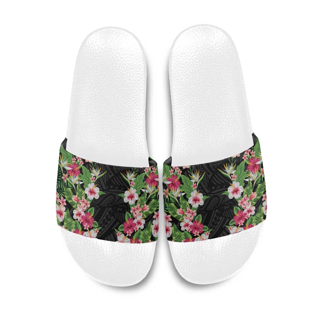 Hawaii Tropical Flowers Slide Sandals Black Polynesian Tattoo Art LT05 Black - Polynesian Pride