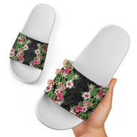 Hawaii Tropical Flowers Slide Sandals Black Polynesian Tattoo Art LT05 - Polynesian Pride