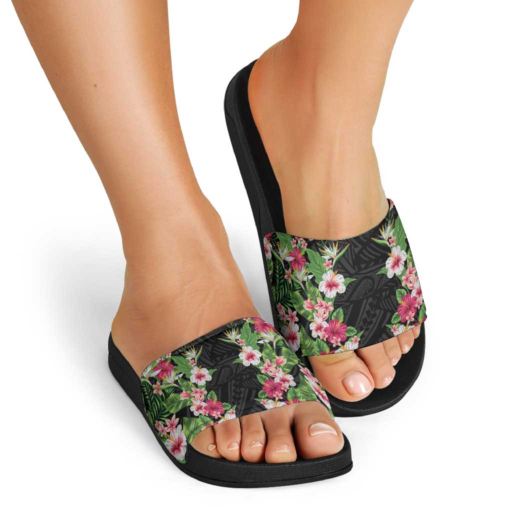 Hawaii Tropical Flowers Slide Sandals Black Polynesian Tattoo Art LT05 - Polynesian Pride
