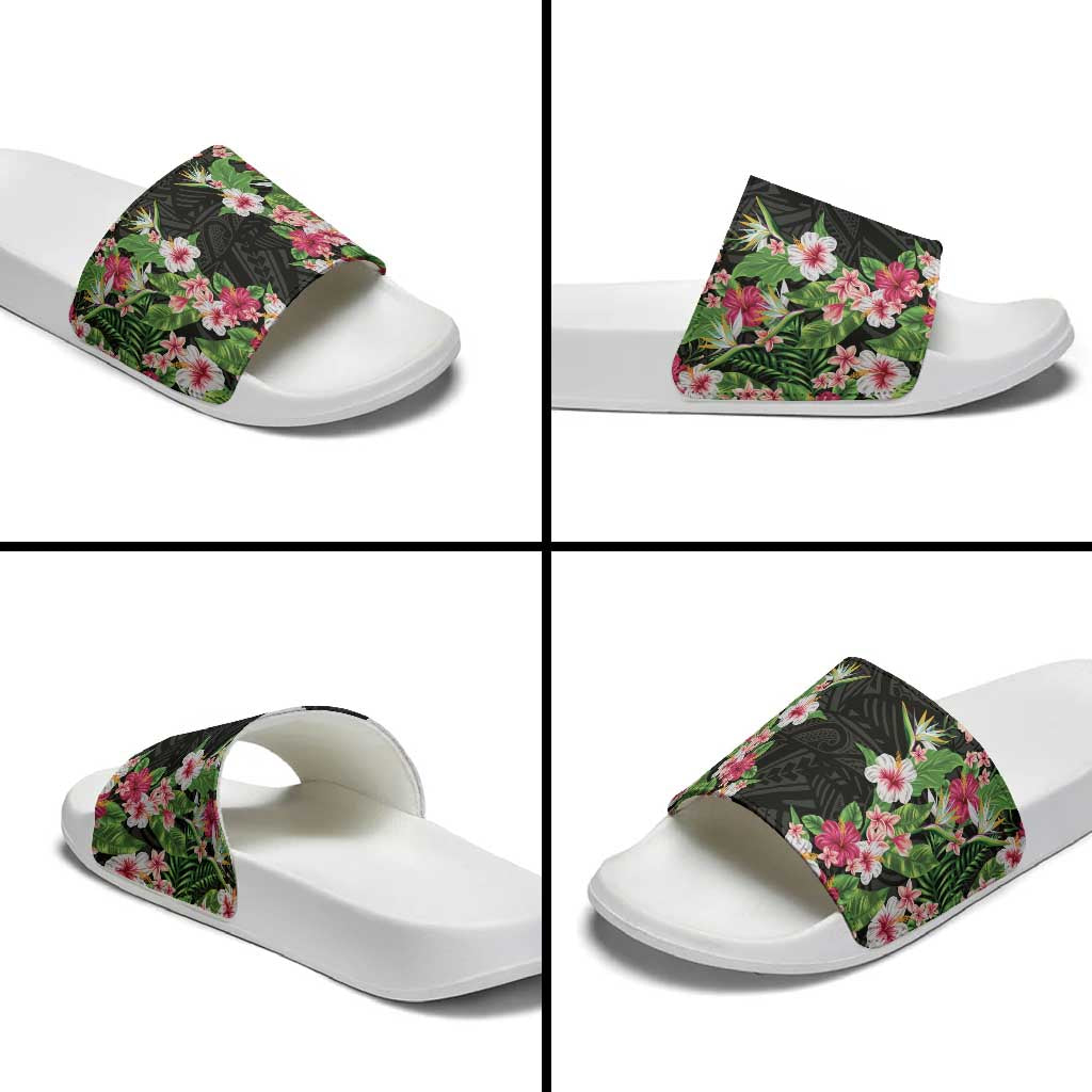 Hawaii Tropical Flowers Slide Sandals Black Polynesian Tattoo Art LT05 - Polynesian Pride