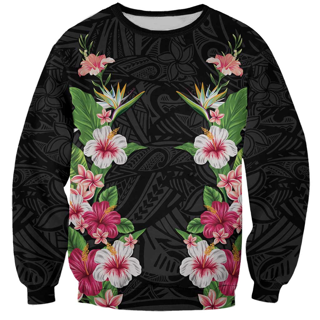 Hawaii Tropical Flowers Sweatshirt Black Polynesian Tattoo Art LT05 Unisex Black - Polynesian Pride