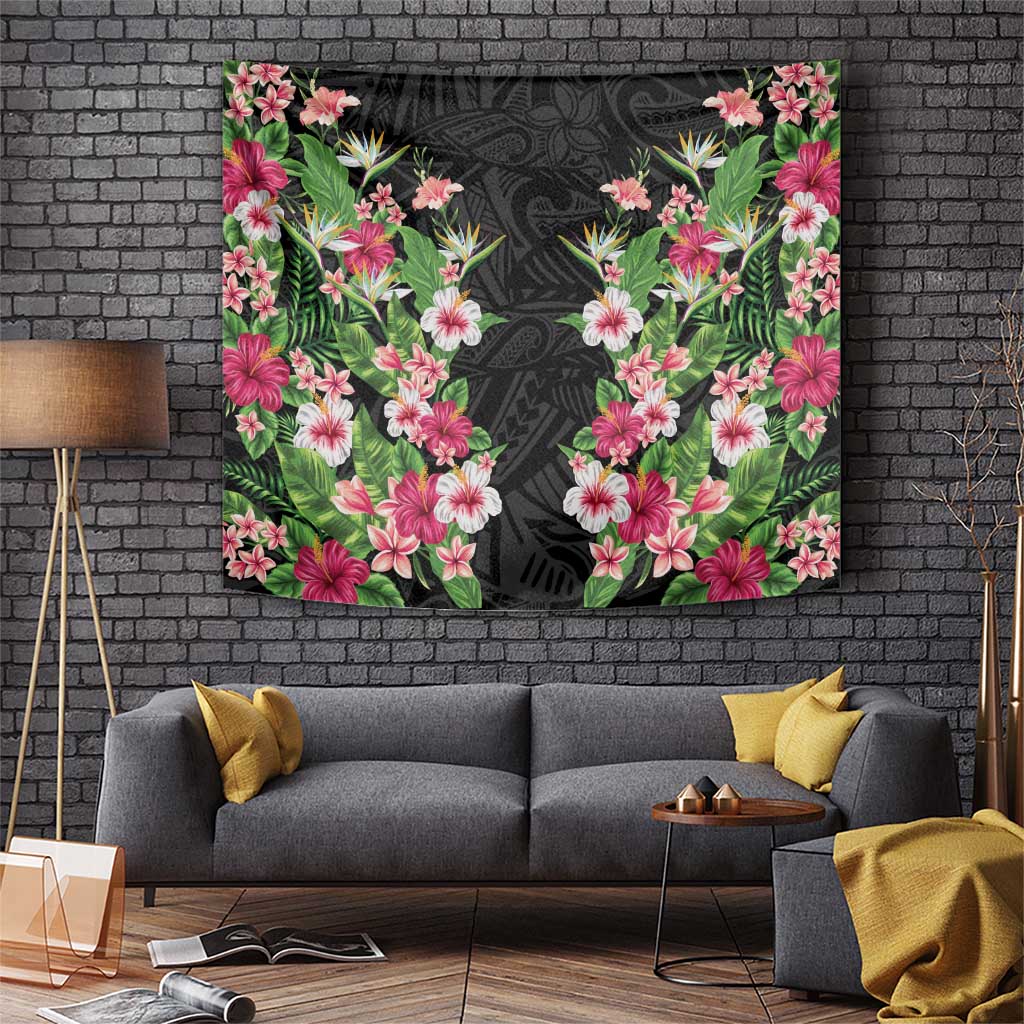 Hawaii Tropical Flowers Tapestry Black Polynesian Tattoo Art LT05 Black - Polynesian Pride