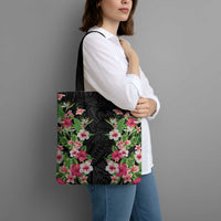 Hawaii Tropical Flowers Tote Bag Black Polynesian Tattoo Art LT05 - Polynesian Pride