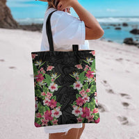 Hawaii Tropical Flowers Tote Bag Black Polynesian Tattoo Art LT05 - Polynesian Pride