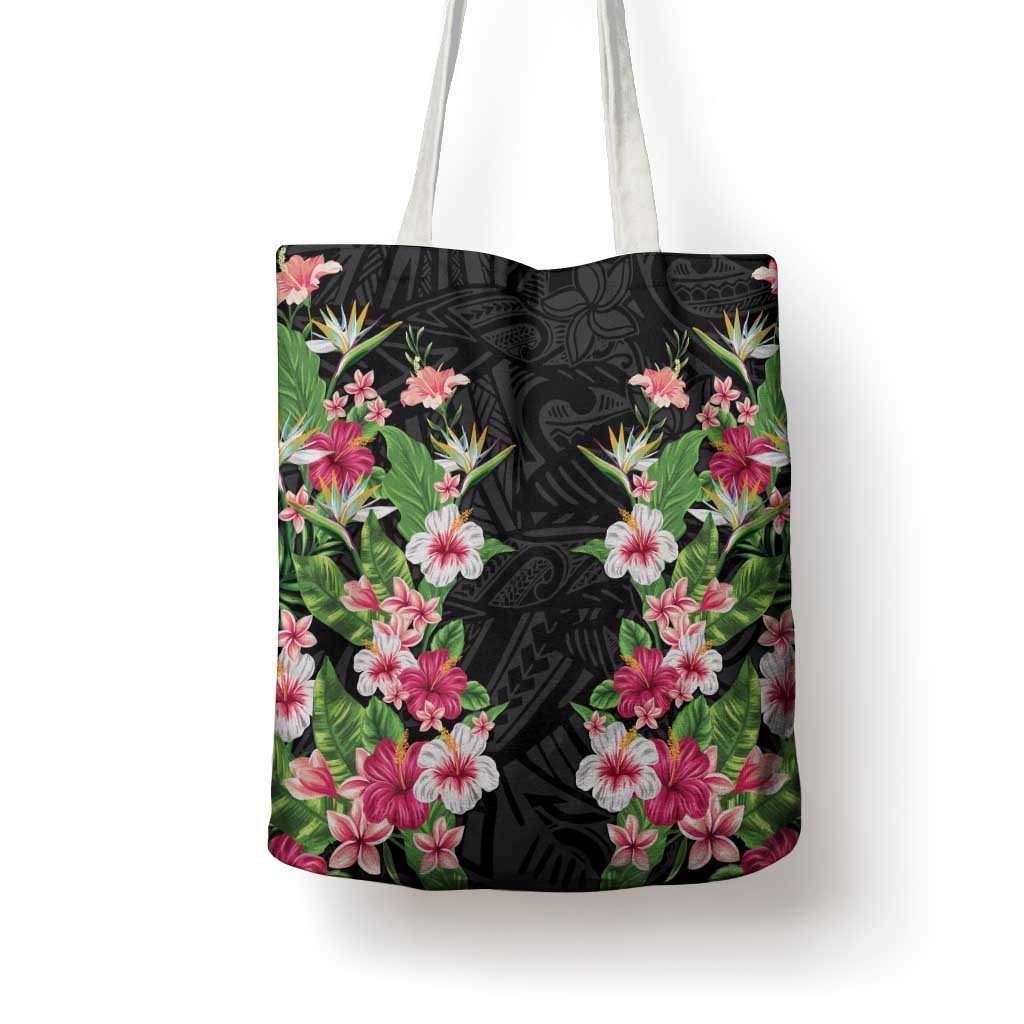 Hawaii Tropical Flowers Tote Bag Black Polynesian Tattoo Art LT05 - Polynesian Pride