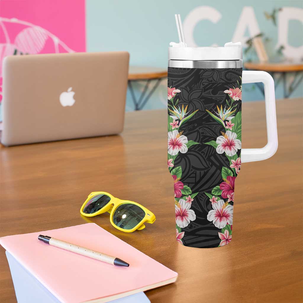 Hawaii Tropical Flowers Tumbler With Handle Black Polynesian Tattoo Art LT05 - Polynesian Pride