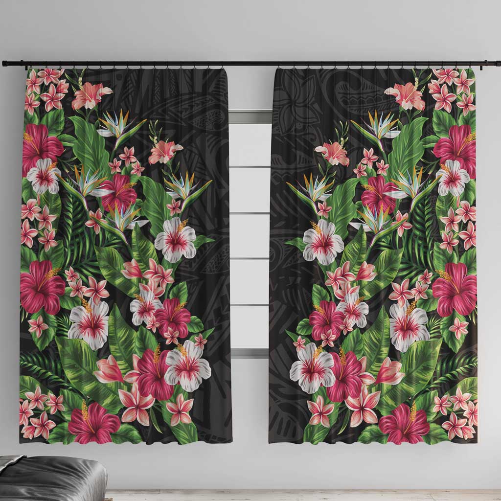 Hawaii Tropical Flowers Window Curtain Black Polynesian Tattoo Art LT05 With Hooks Black - Polynesian Pride