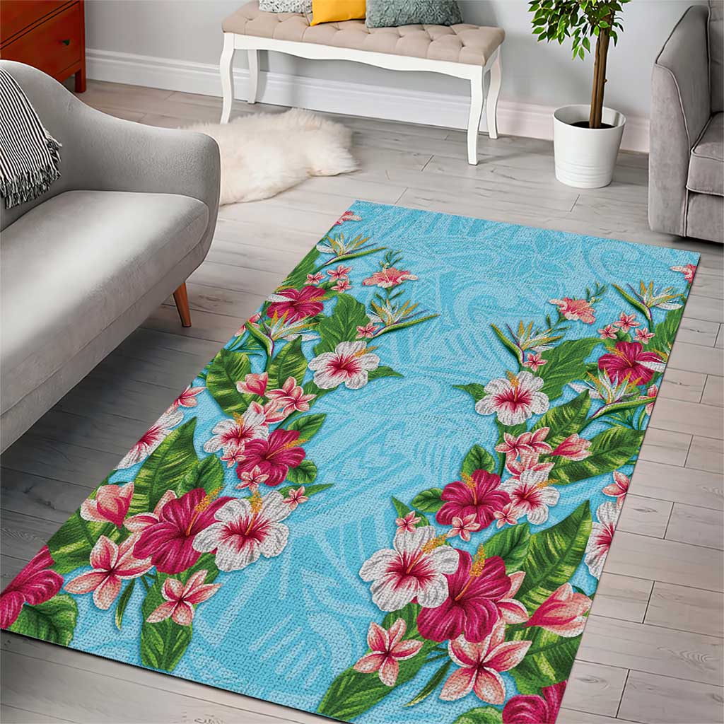 Hawaii Tropical Flowers Area Rug Sky Blue Polynesian Tattoo Art LT05 - Polynesian Pride