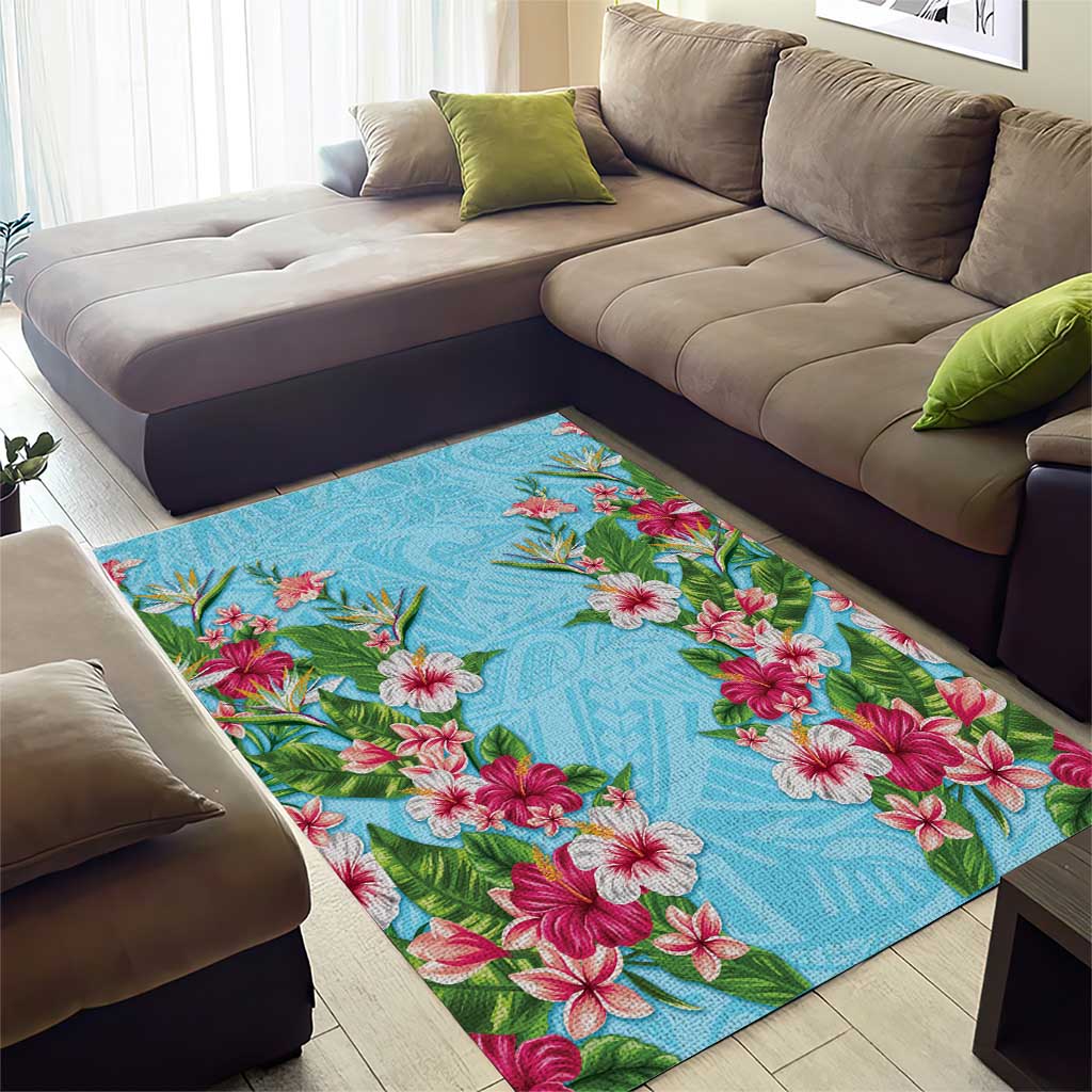 Hawaii Tropical Flowers Area Rug Sky Blue Polynesian Tattoo Art LT05 - Polynesian Pride