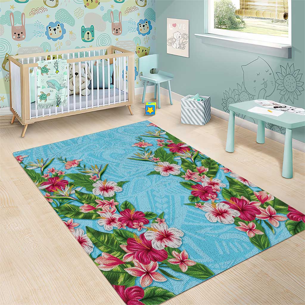 Hawaii Tropical Flowers Area Rug Sky Blue Polynesian Tattoo Art LT05 - Polynesian Pride