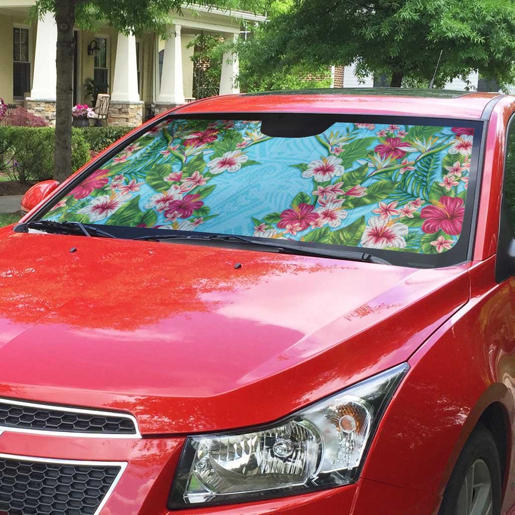 Hawaii Tropical Flowers Auto Sun Shade Sky Blue Polynesian Tattoo Art LT05 - Polynesian Pride